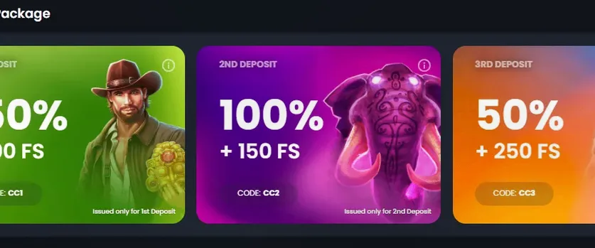 Crownz Casino — 1st: 150% up to €1,000 + 100 FS; 2nd: 100% up to €1,500 + 150 FS; 3rd: 50% up to €2,500 + 250 FS